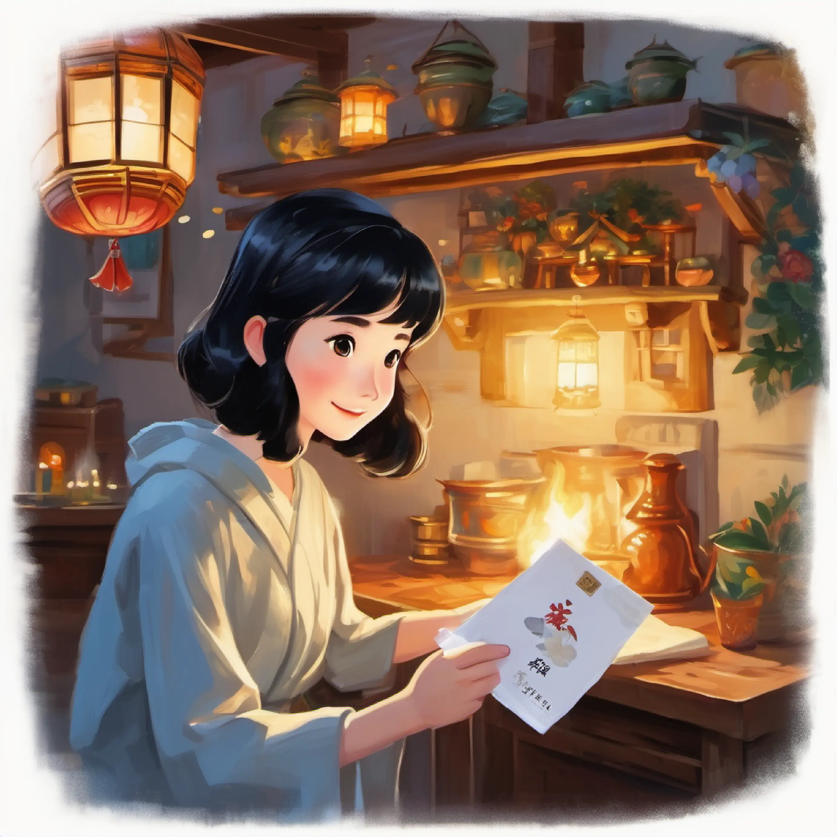 Happy girl with bright eyes and black hair's relatives' house, New Year's Day, otoshidama envelopes, surprise