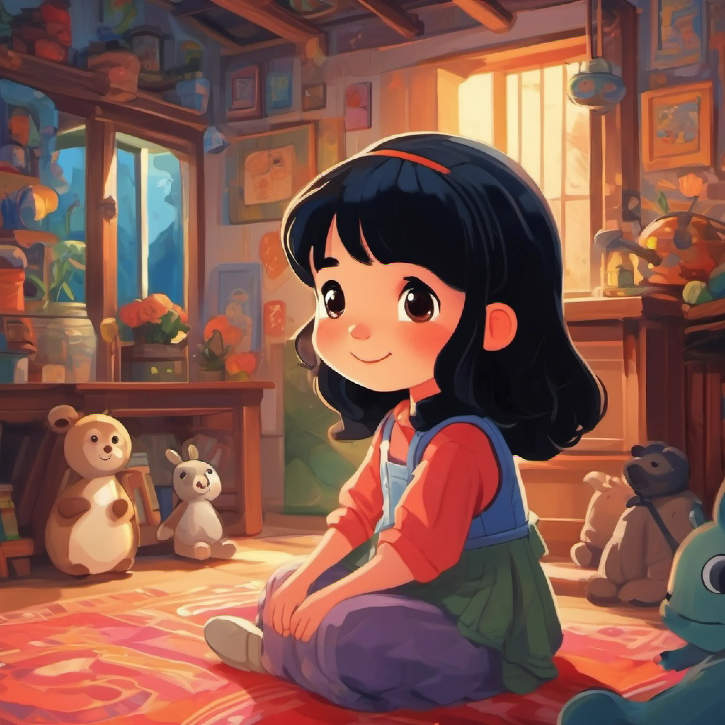 Happy girl with bright eyes and black hair's room, thinking about otoshidama, saving and buying a toy