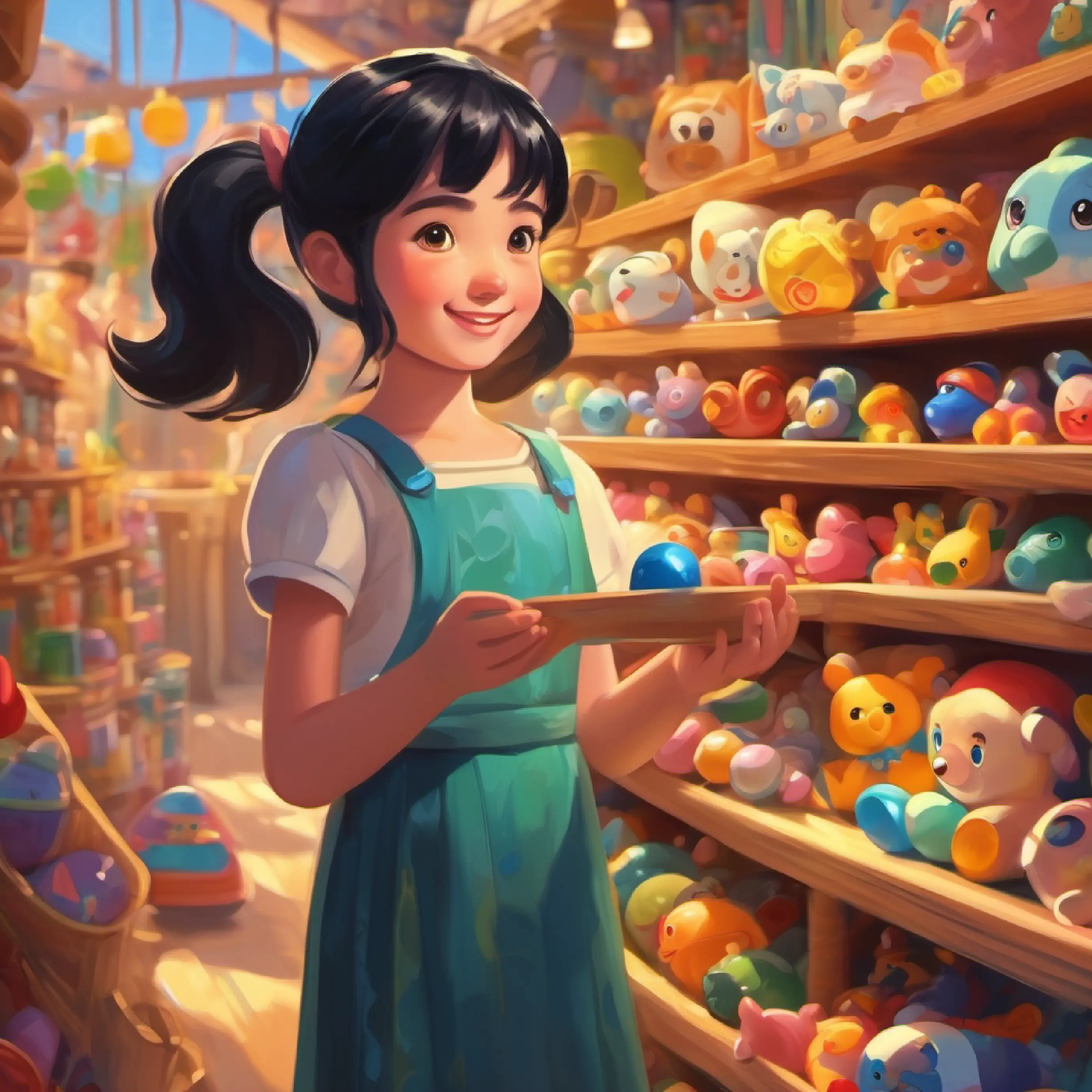 Toy store, happy Happy girl with bright eyes and black hair, choosing a toy, joy from otoshidama