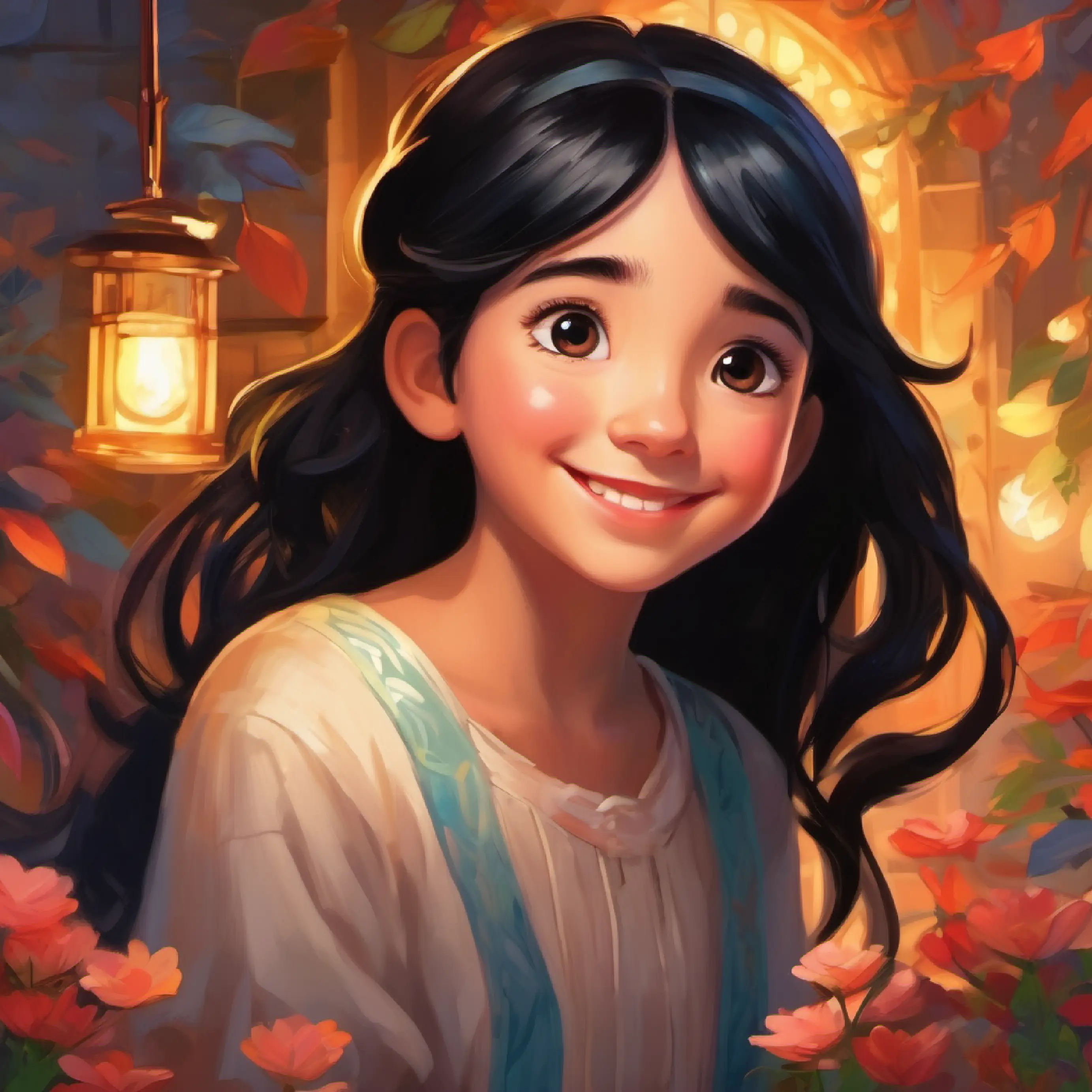 Happy girl with bright eyes and black hair's heart, special experience, learning traditions, family love