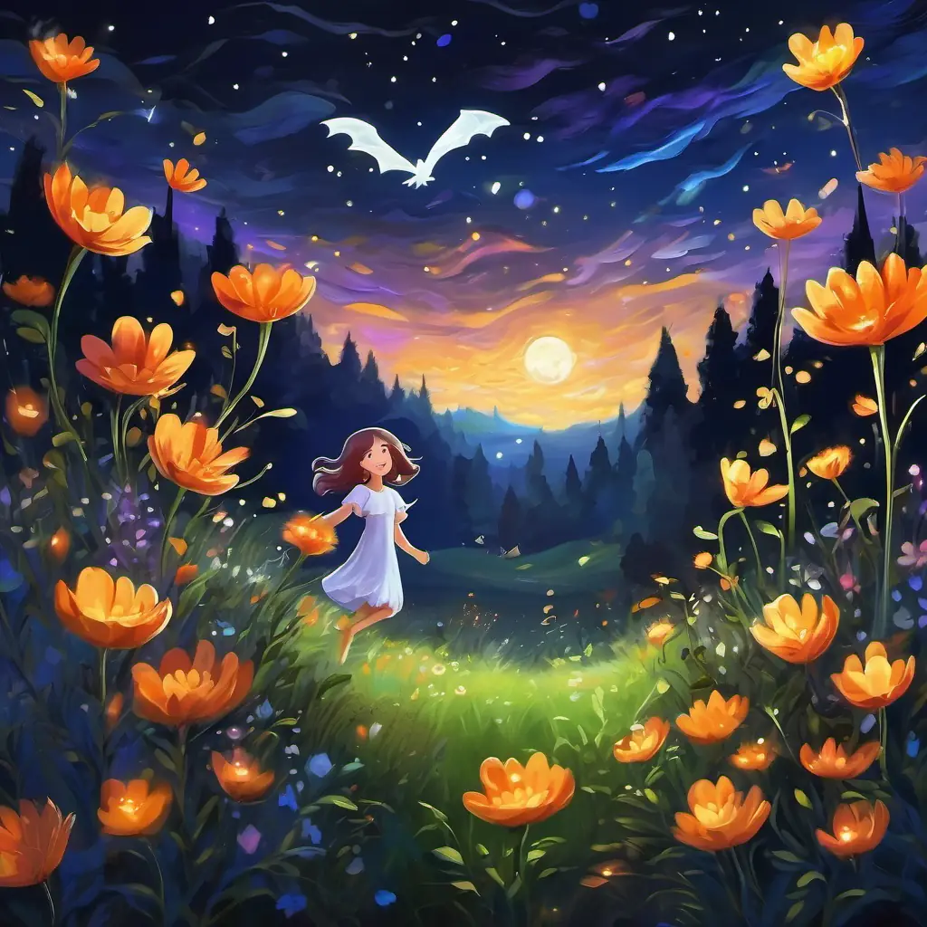 In the meadow, under the starry sky, A pretty nightflower with glowing petals and a gentle demeanor the nightflower dances playfully.