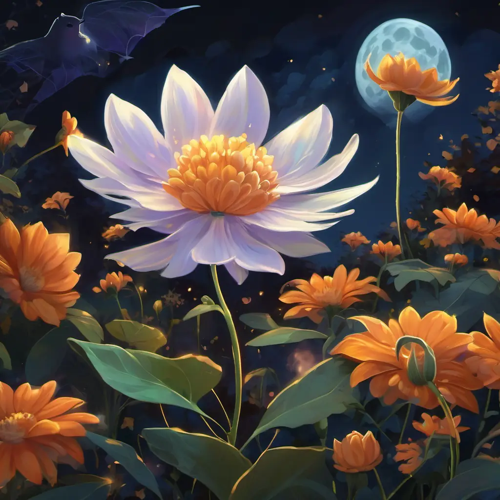 A pretty nightflower with glowing petals and a gentle demeanor hums happily and sways, making a soft 'shoosh, shoosh' sound as she moves.