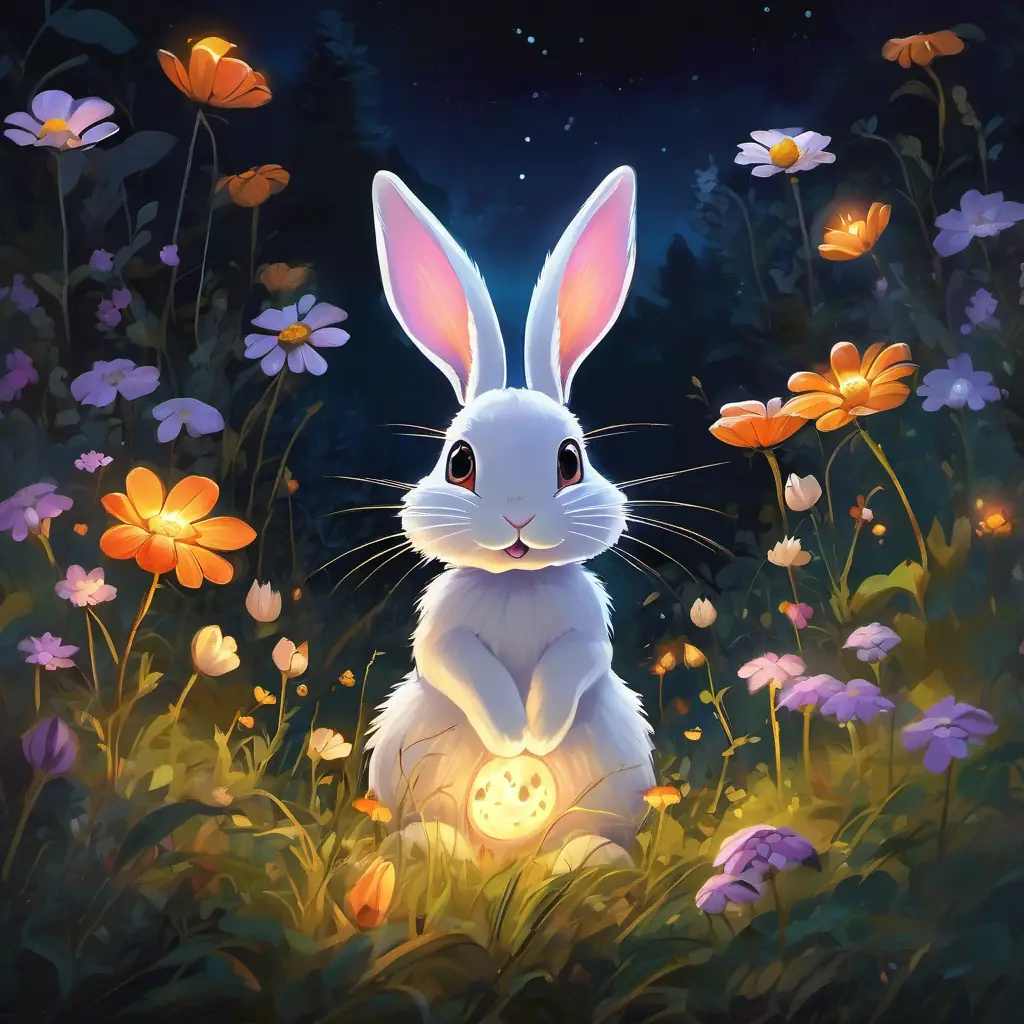 In the dark meadow, a lost bunny spots A pretty nightflower with glowing petals and a gentle demeanor shining brightly like a spark.