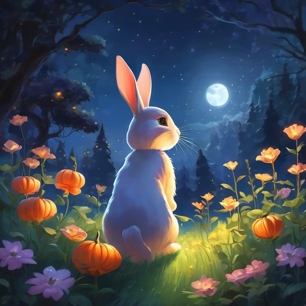 A pretty nightflower with glowing petals and a gentle demeanor's gentle light leads the bunny through the silent night, guiding him back home.