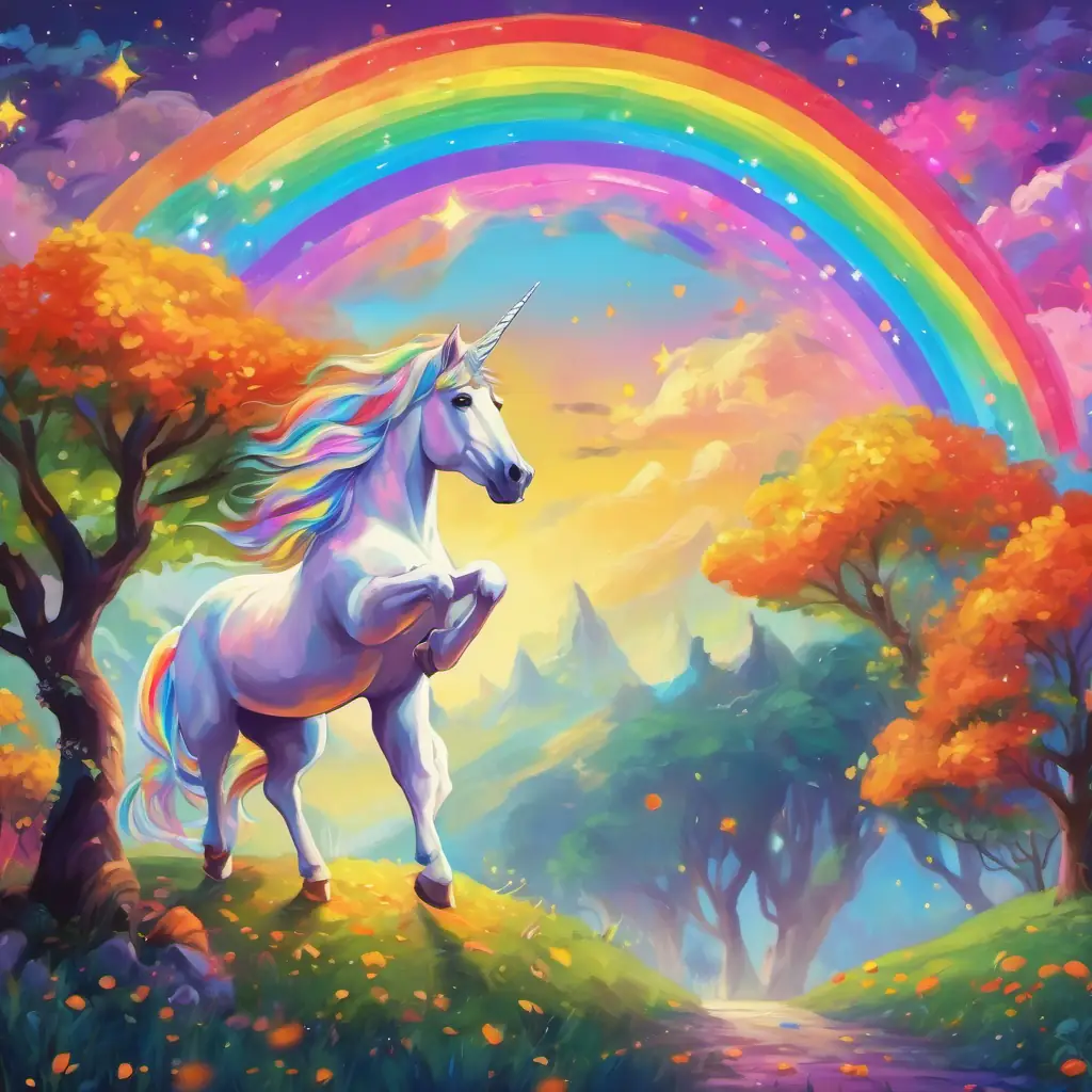 The story starts in a land far away with a beautiful rainbow named A vibrant rainbow with colors stretching across the sky and a magical unicorn named A magical unicorn with a sparkling, rainbow-colored mane.