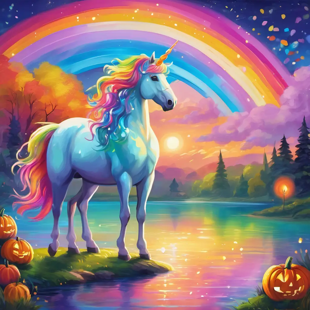 A vibrant rainbow with colors stretching across the sky and A magical unicorn with a sparkling, rainbow-colored mane find a sparkling lake and make special wishes for everyone and themselves.