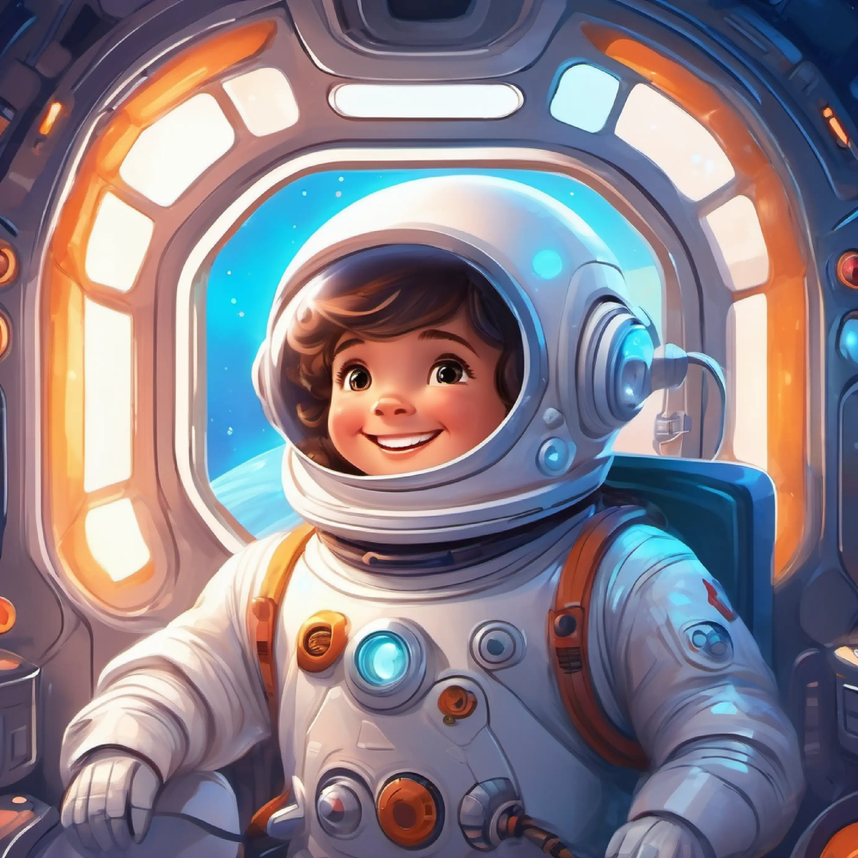 Brave astronaut, white suit, big smile, loves adventures inside spaceship with new friend, robot Small, round robot, blue lights for eyes, cheerful beeping noises, having fun.