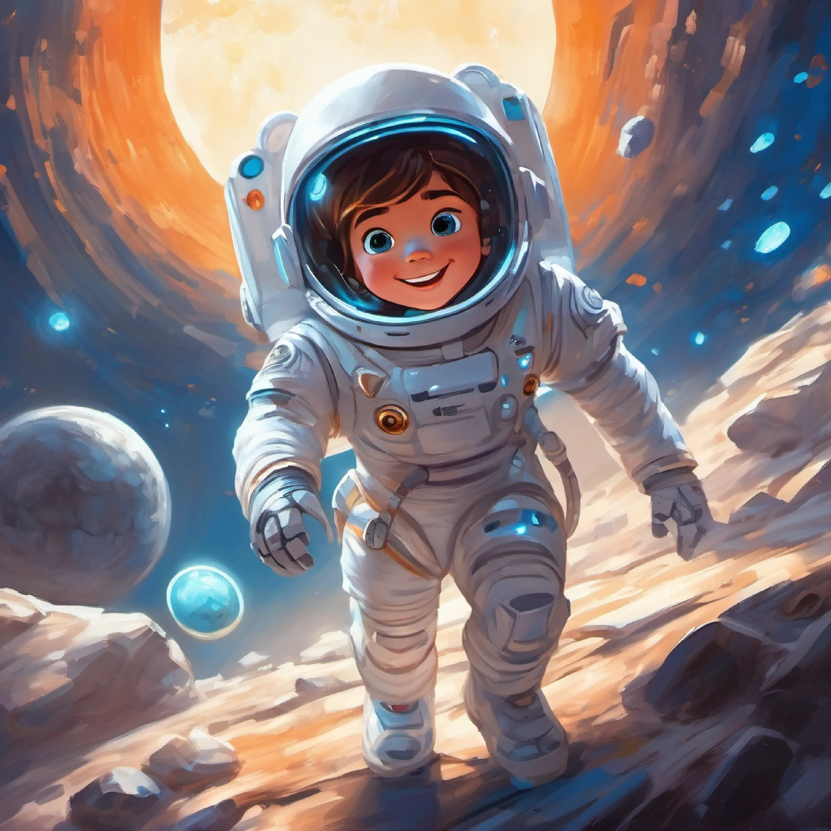 Brave astronaut, white suit, big smile, loves adventures and Small, round robot, blue lights for eyes, cheerful beeping noises navigate through asteroid field, exciting and challenging.