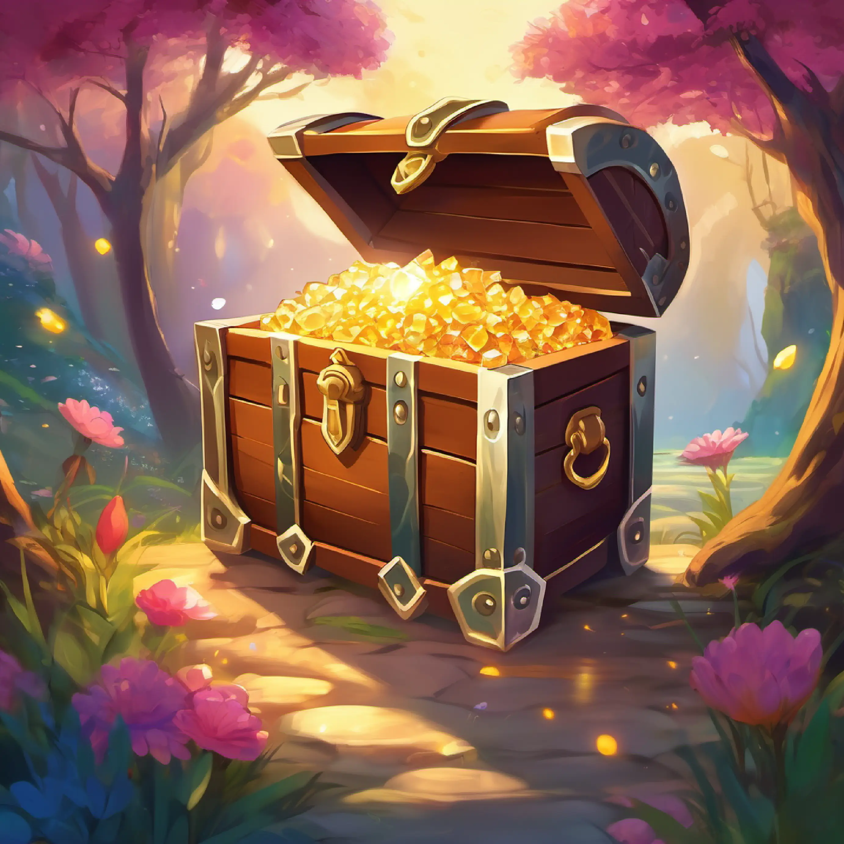 Finding treasure chest with special crystal to spread happiness, joyful ending.