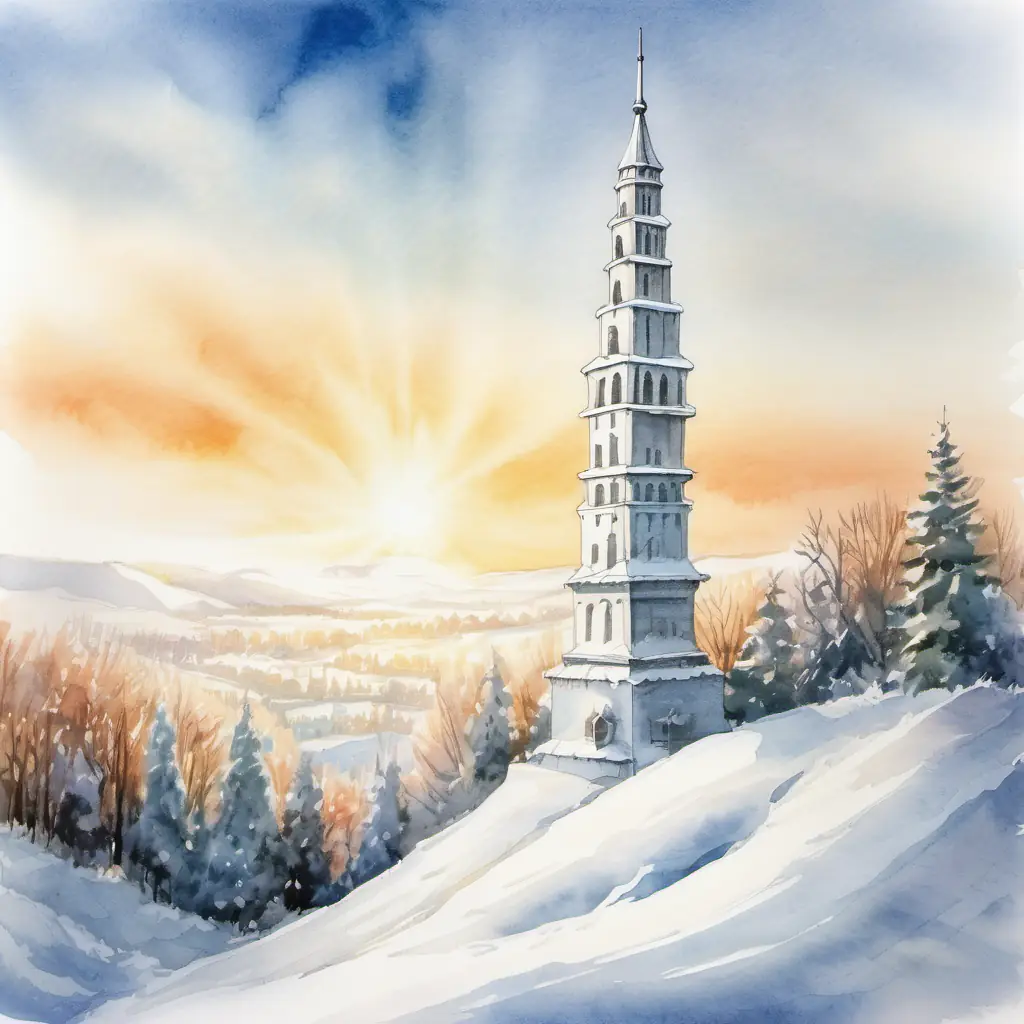 Picture a tall tower made entirely of white fluffy snow, glistening in the winter sunlight.