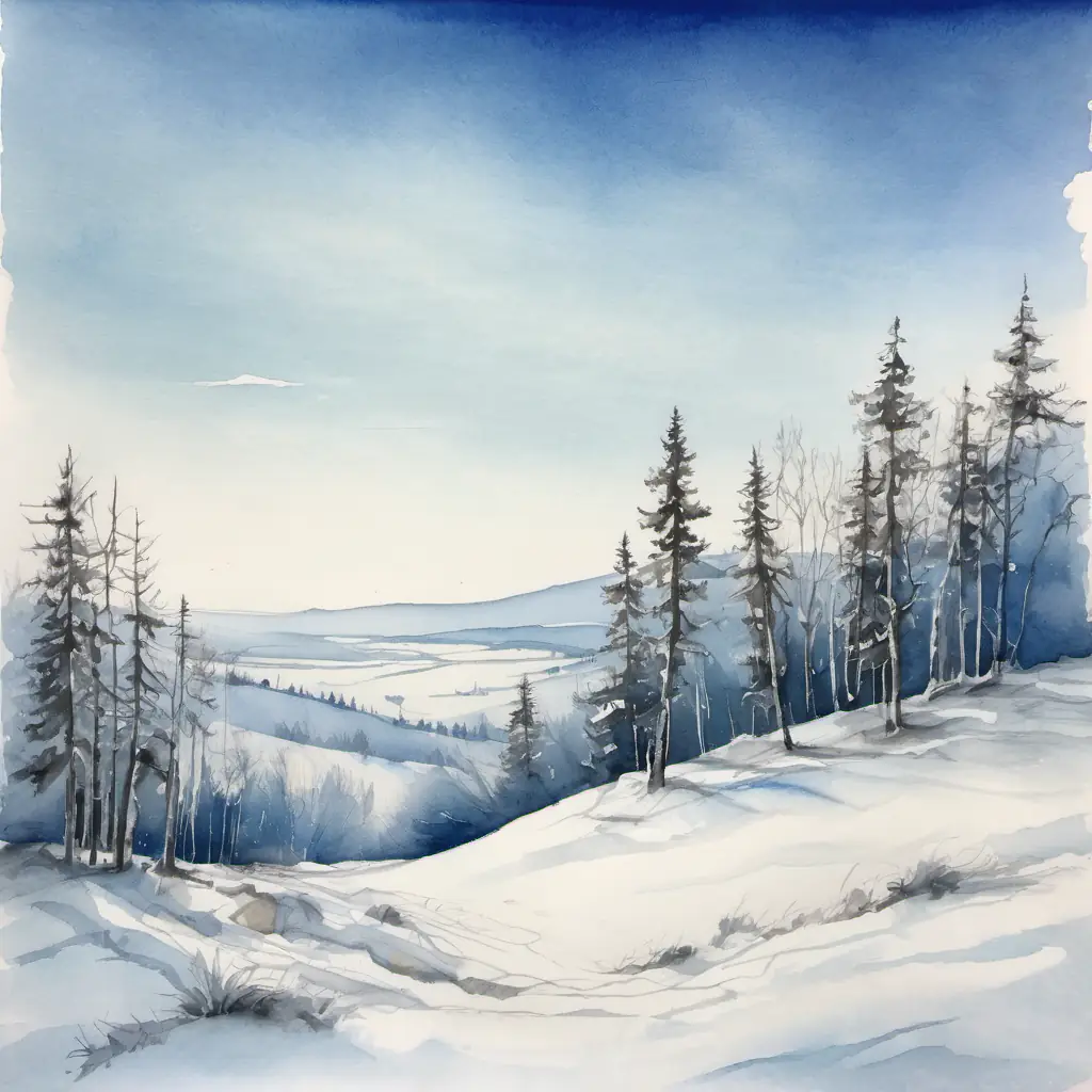 Imagine a snowy landscape with trees covered in frost and a clear blue sky above.