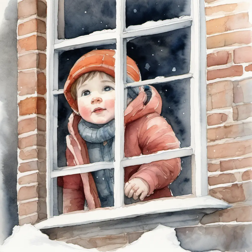 See a small A small child with rosy cheeks, wearing warm winter clothes with rosy cheeks, peering out of a window on the tower's highest floor.