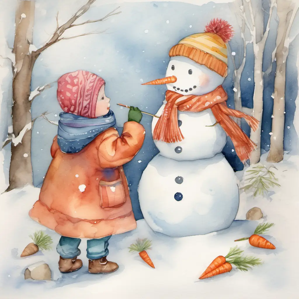 Imagine A small child with rosy cheeks, wearing warm winter clothesren and adults happily playing in the snow, dressing up their snowmen with branches for arms and carrots for noses.