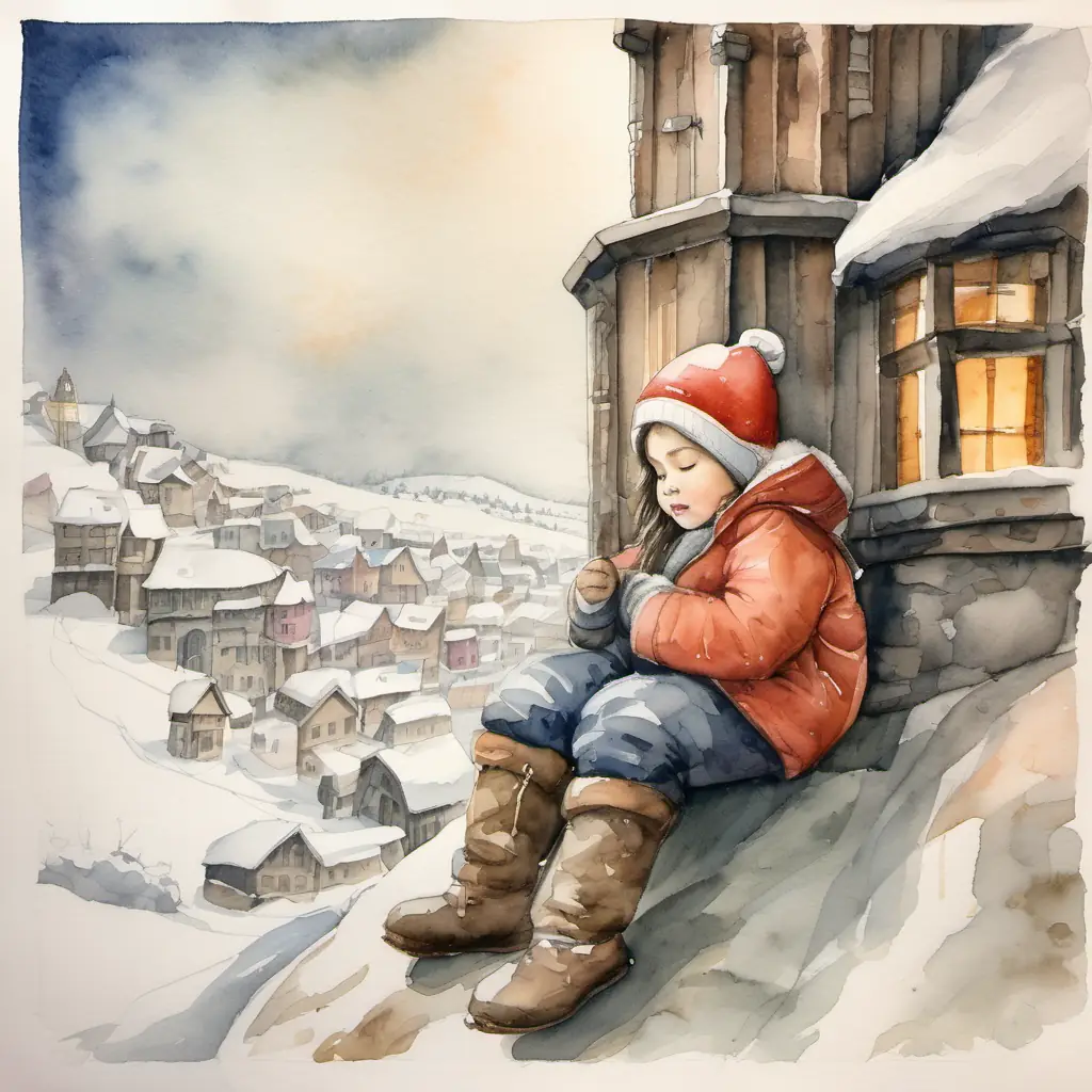 See the A small child with rosy cheeks, wearing warm winter clothes sleeping peacefully, with dreams of sliding down snowy slopes and building forts in the tower.