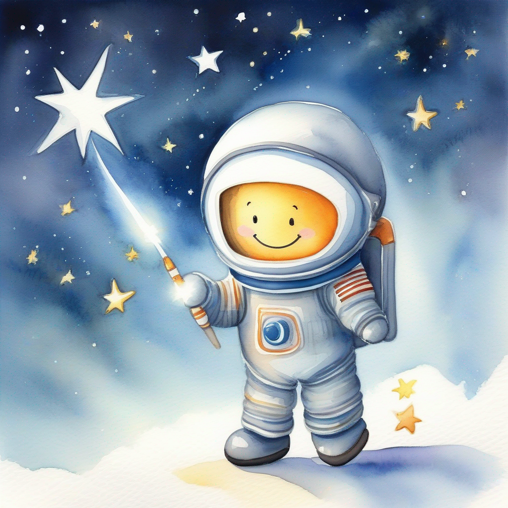 A goal with a big smile, wearing a spacesuit sees a shooting star and makes a wish.