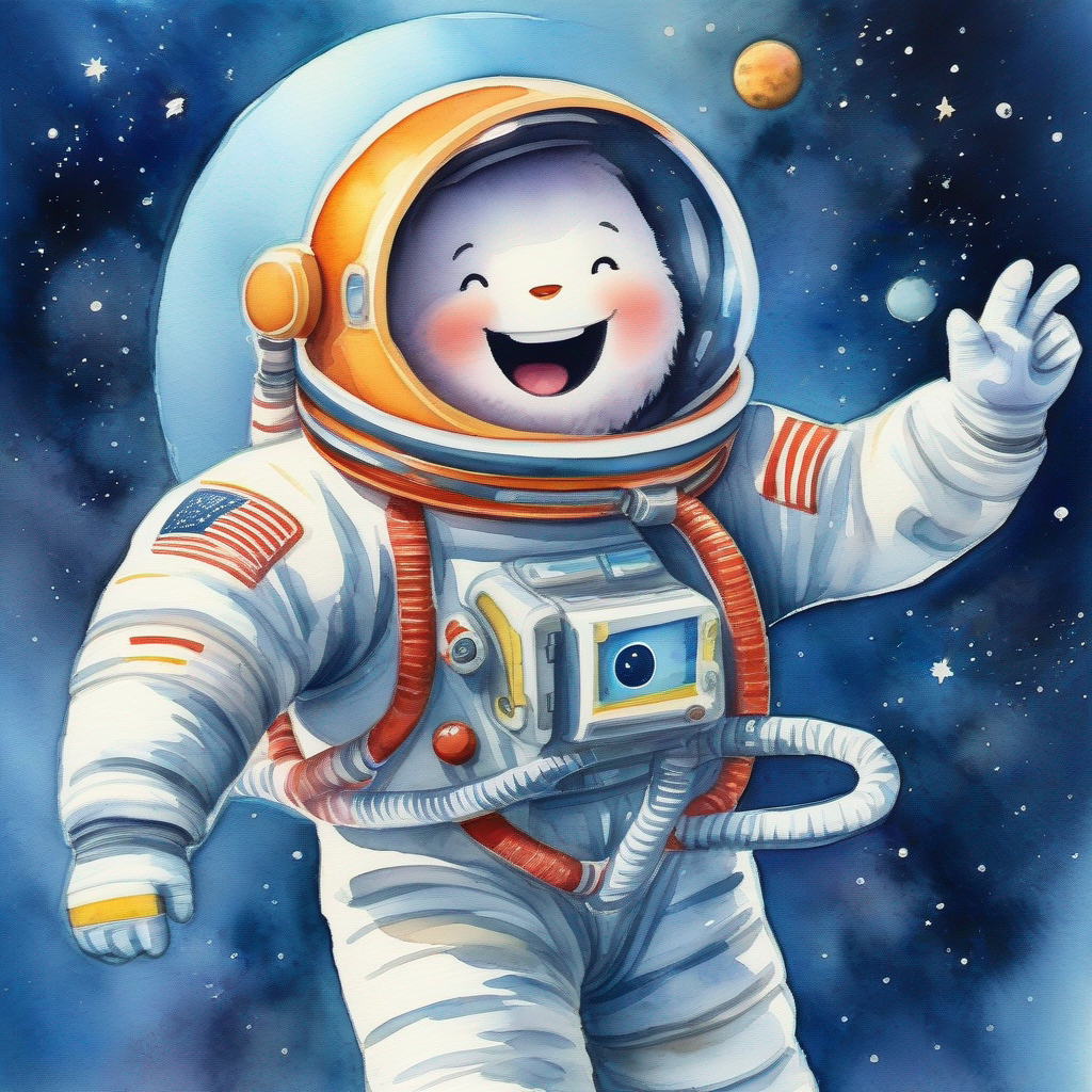 A goal with a big smile, wearing a spacesuit feels excited and amazed in space.