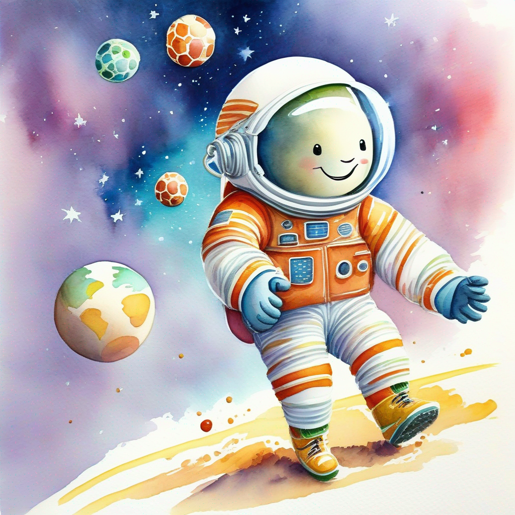 A goal with a big smile, wearing a spacesuit learns new things and plays soccer on a different planet.