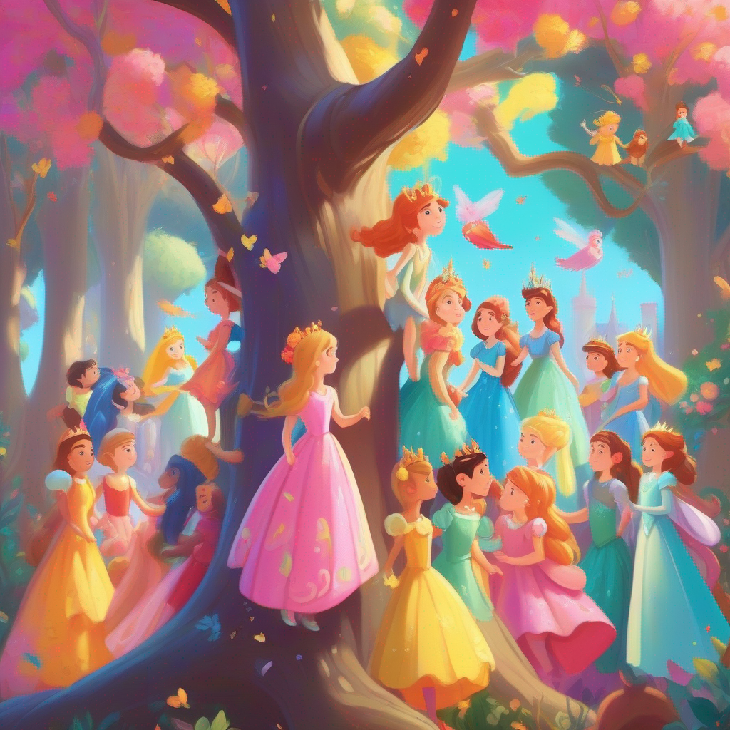Princess in colorful clothes climbing a tree, surrounded by other princesses in fancy dresses.