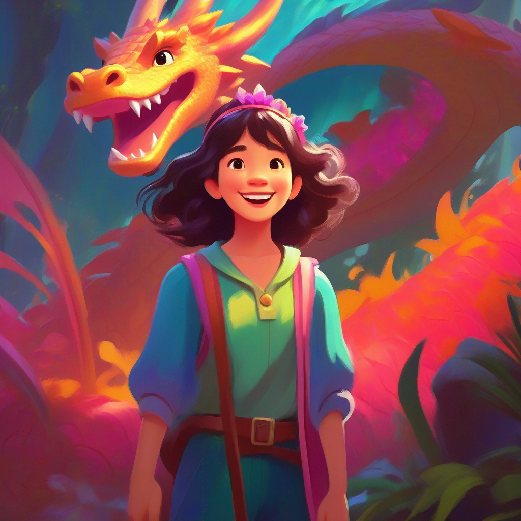Adventurous princess with messy hair and vibrant clothes with a determined look, standing in front of a dragon and laughing people.