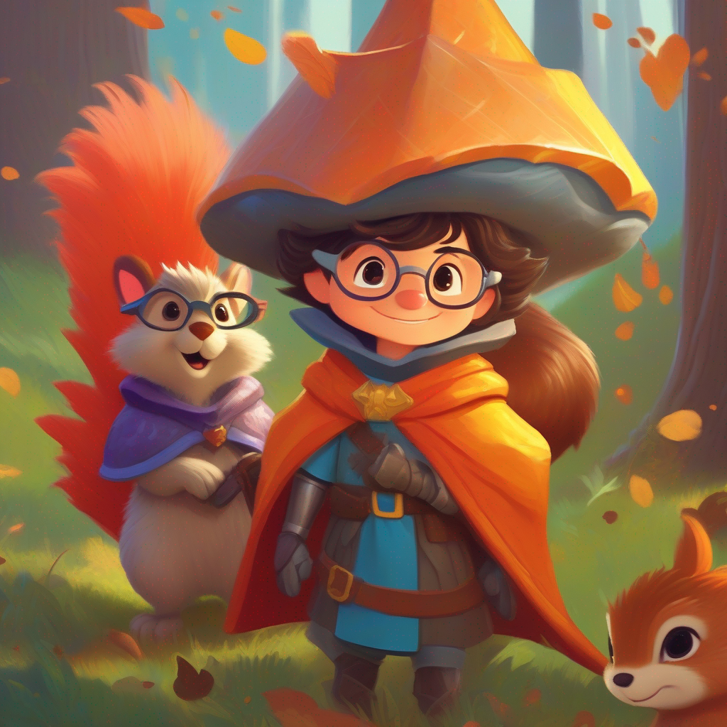Adventurous princess with messy hair and vibrant clothes, Knight with a dented armor and a big smile, Wizard with a pointy hat and a nervous expression, and Squirrel wearing glasses and a small cape planning together.