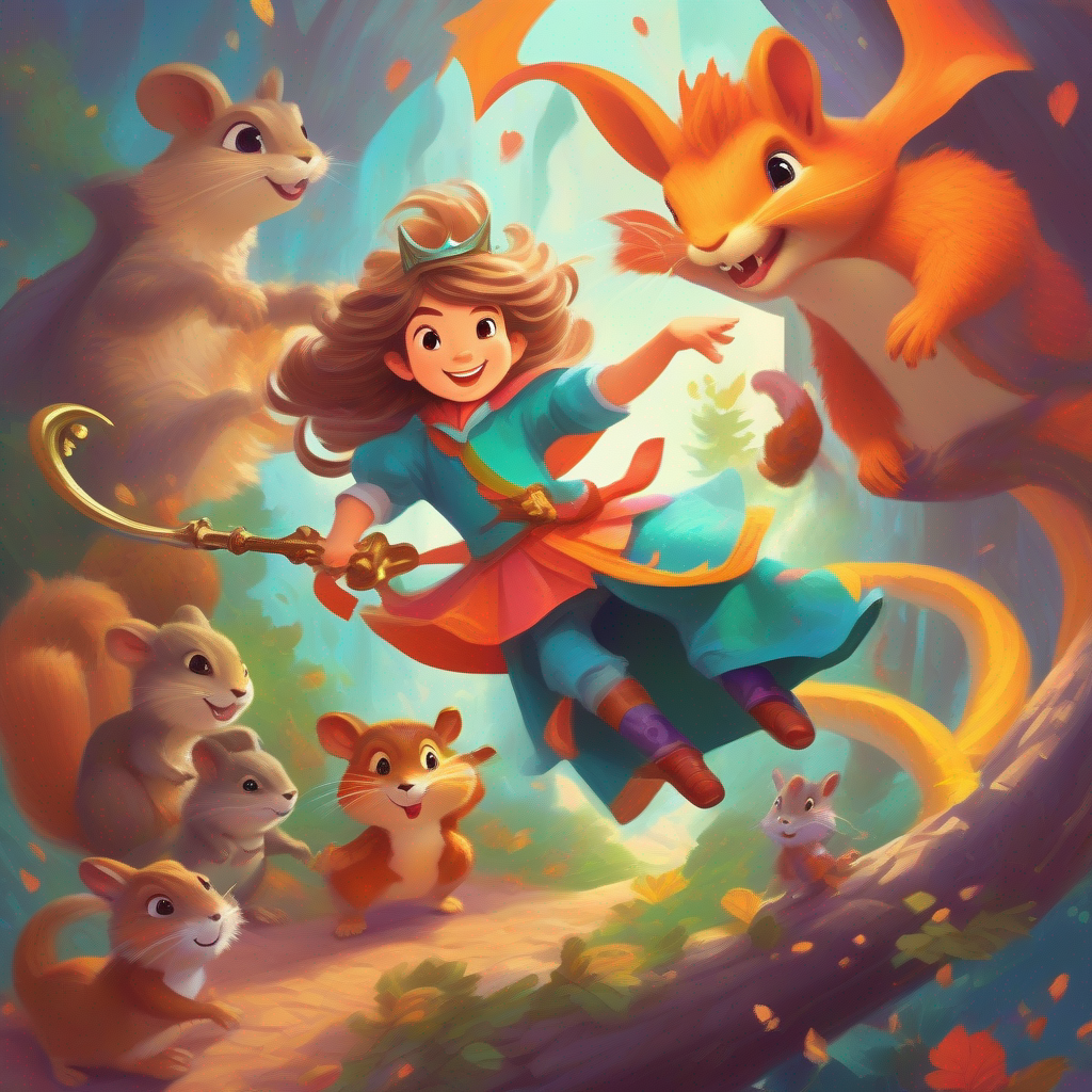 Adventurous princess with messy hair and vibrant clothes performing acrobatics, knight tripping the dragon, wizard casting a spell, and squirrel grabbing a key.