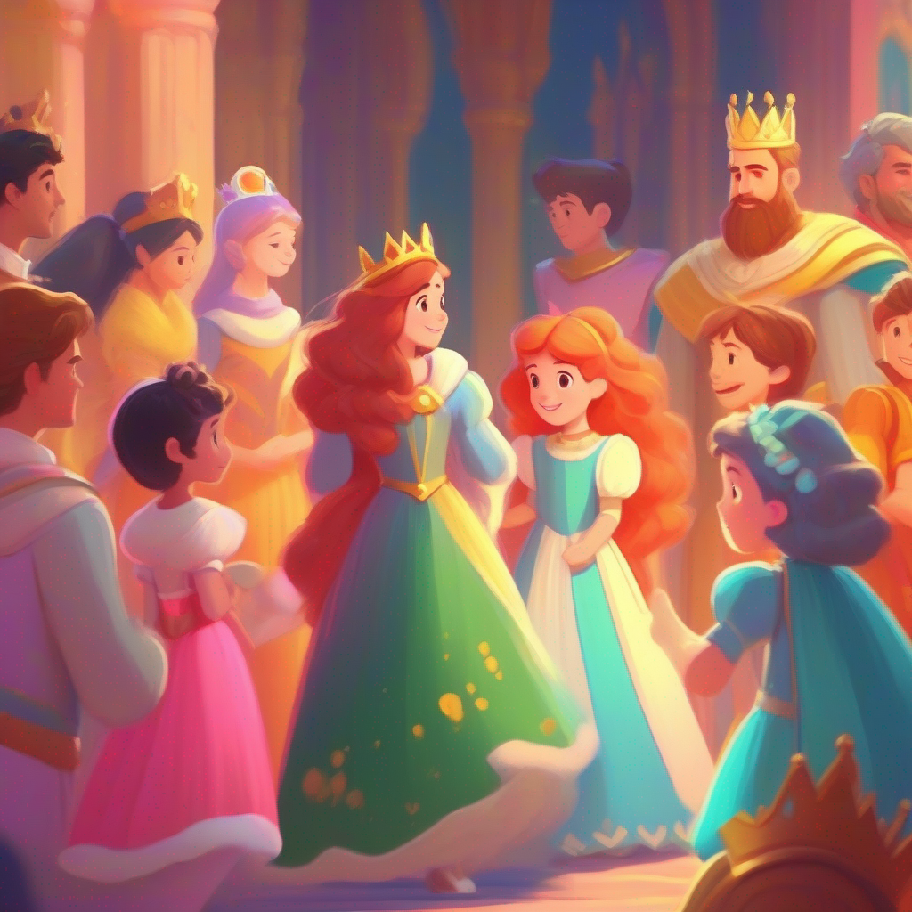 King and queen admiring the Adventurous princess with messy hair and vibrant clothes, surrounded by princesses in admiration.