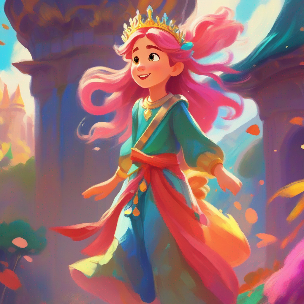Adventurous princess with messy hair and vibrant clothes, Best Princess, and the kingdom living in harmony.