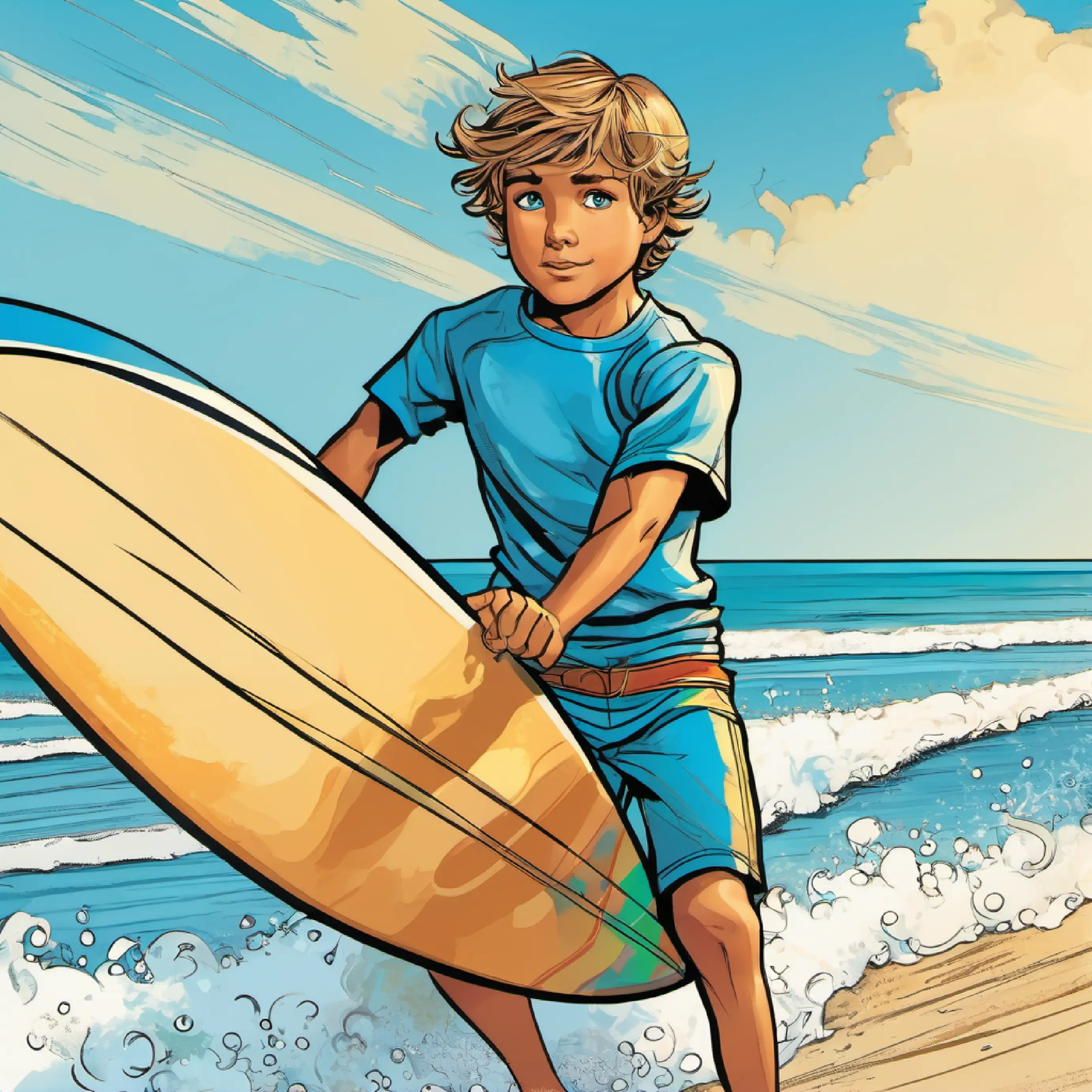 Introduction, Young, determined surfer boy, tan skin, bright blue eyes at the beach with surfboard, passionate