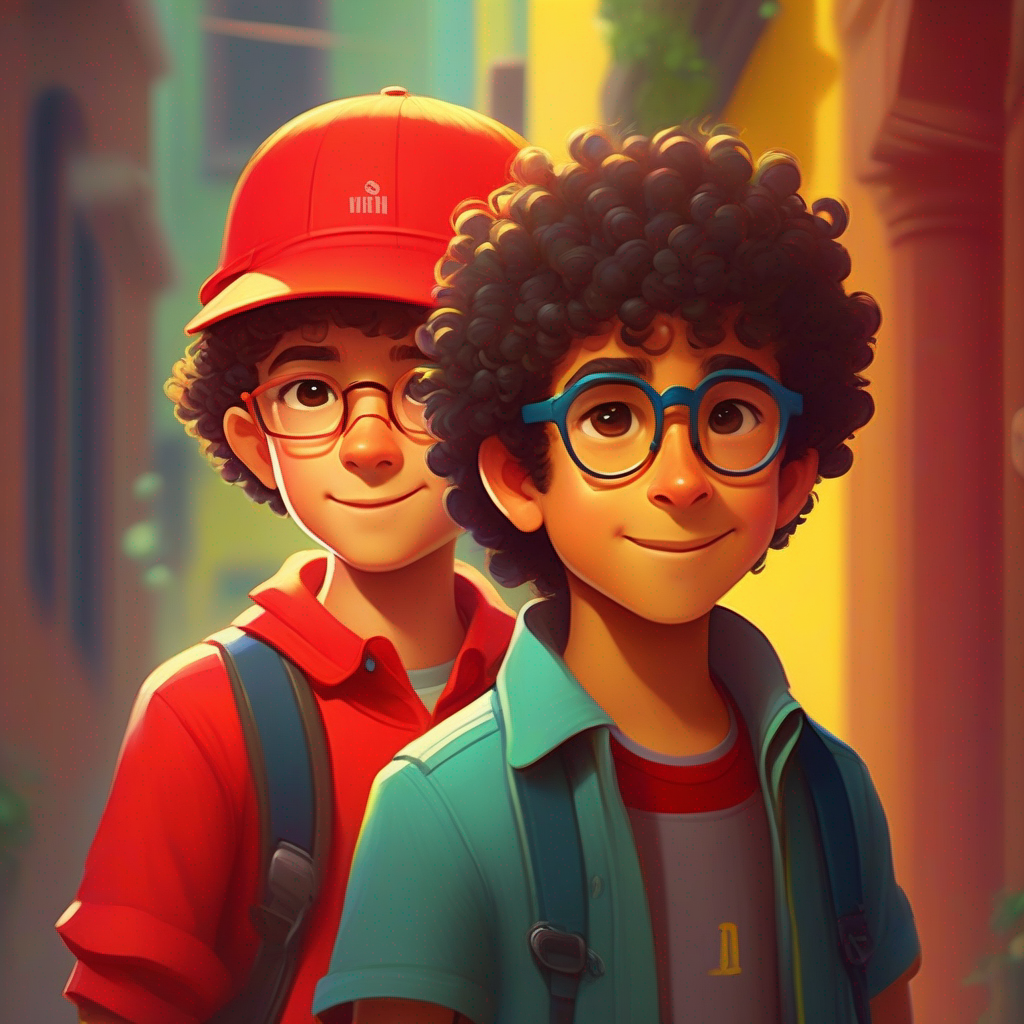 Chotu - Curly-haired with a mischievous grin wearing a red cap. and Anand - Tall and thoughtful with glasses and a bright yellow shirt. become detectives to find the stolen bicycle.