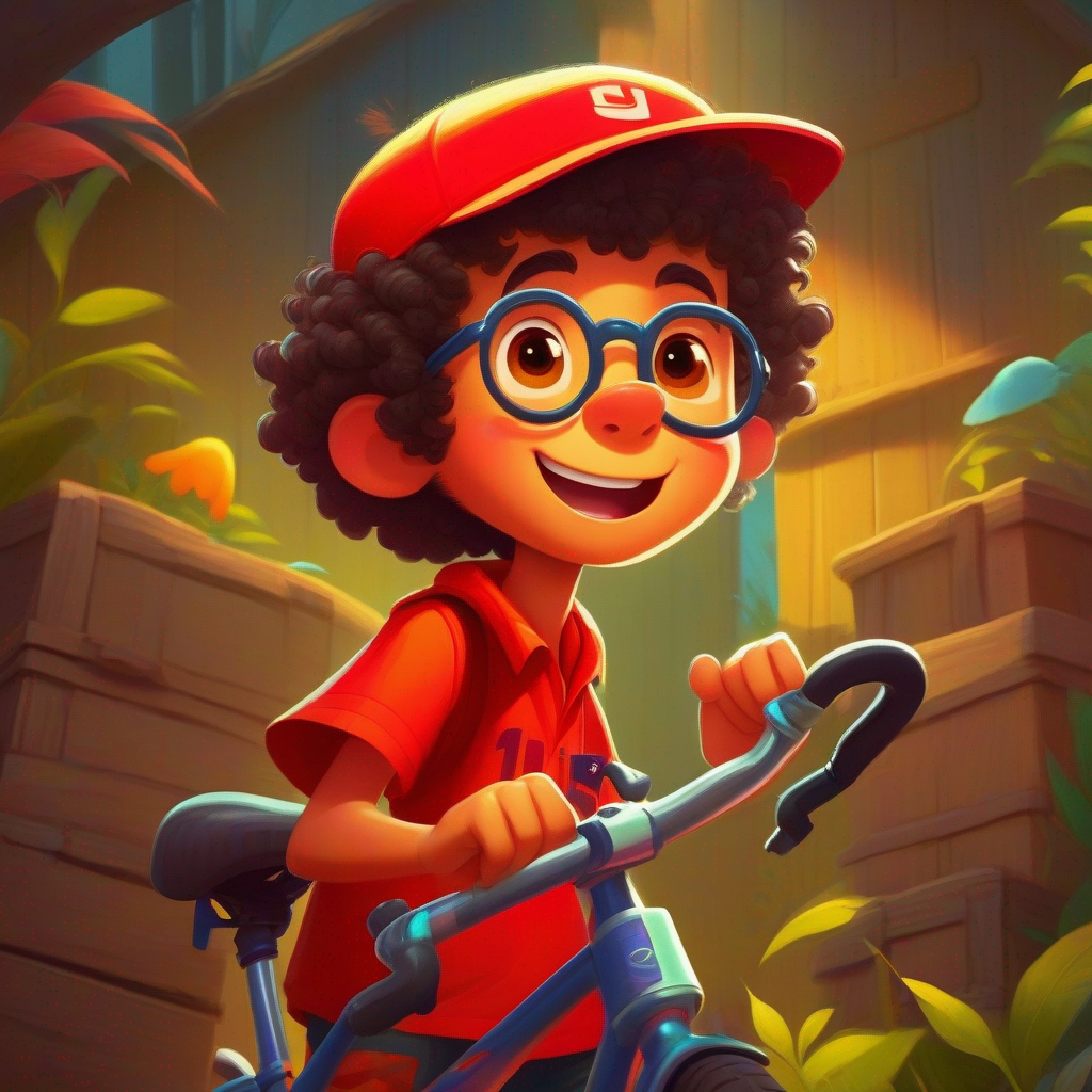 Chotu - Curly-haired with a mischievous grin wearing a red cap. and Anand - Tall and thoughtful with glasses and a bright yellow shirt. find the stolen bicycle in a shed.