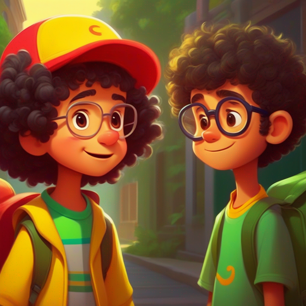 Chotu - Curly-haired with a mischievous grin wearing a red cap. and Anand - Tall and thoughtful with glasses and a bright yellow shirt. confront Rahul - Short and slightly shabby with a green backpack. and forgive him.