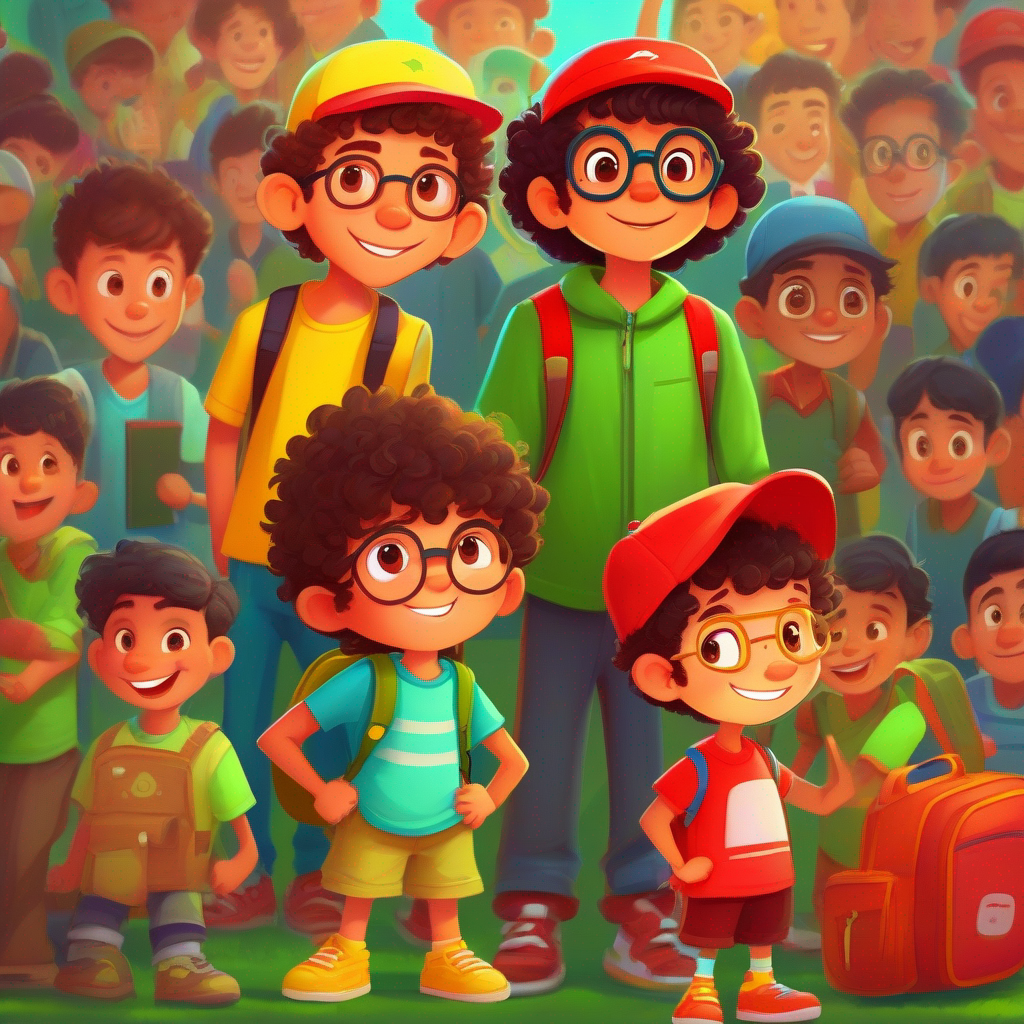 Chotu - Curly-haired with a mischievous grin wearing a red cap., Anand - Tall and thoughtful with glasses and a bright yellow shirt., and Rahul - Short and slightly shabby with a green backpack. become best friends and learn valuable lessons.