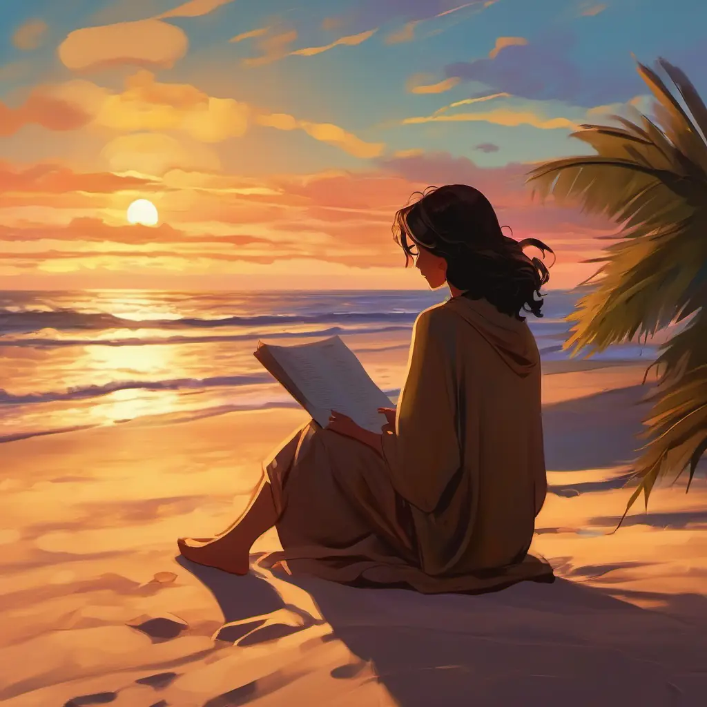 Sunset on the beach, Sun-kissed skin, deep-set hazel eyes, hair of dusk's own shadow with a manuscript, introspective mood.