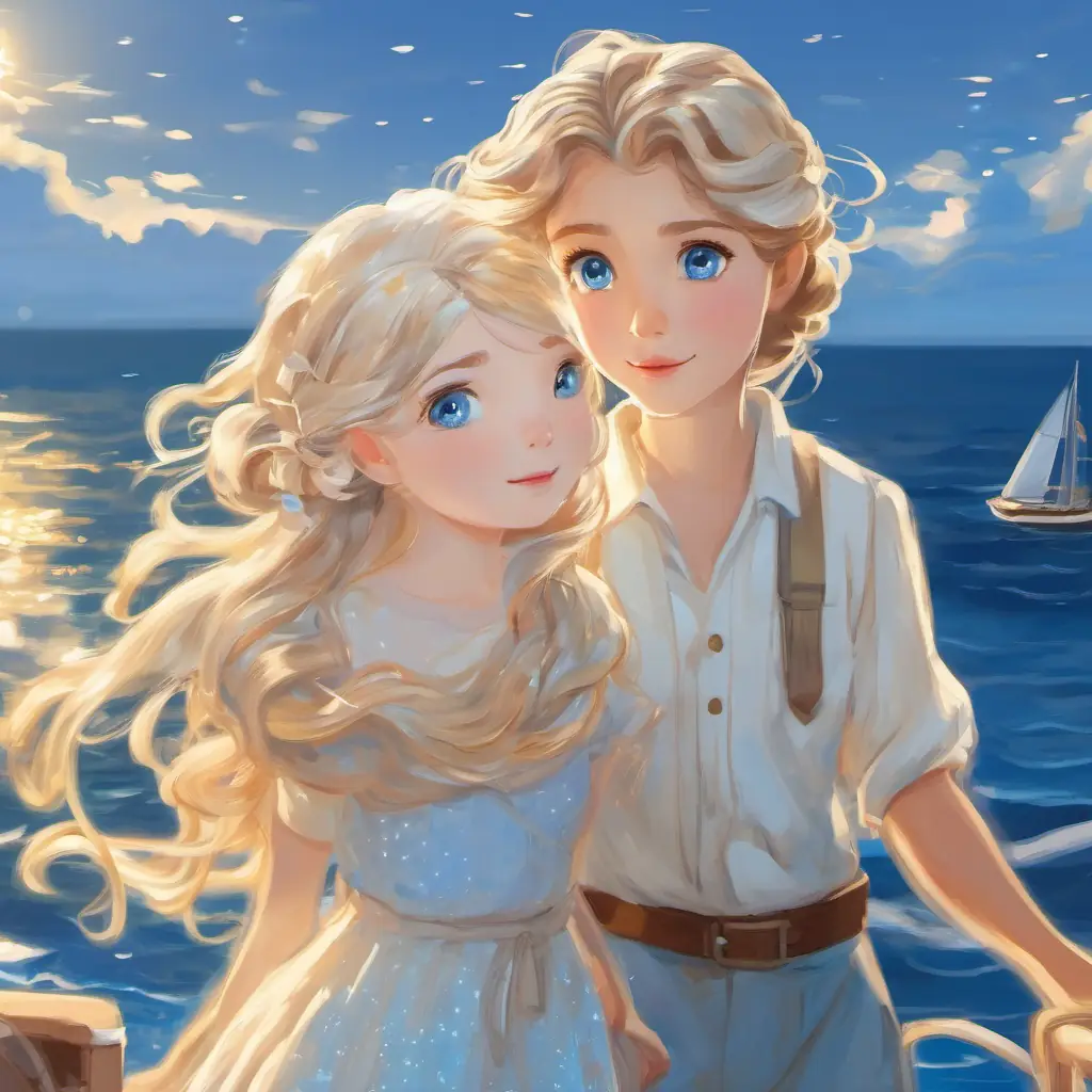 Ivory skin, sparkling sea-blue eyes, sunlight woven in her hair arrives, stars appear, both characters by the seaside.