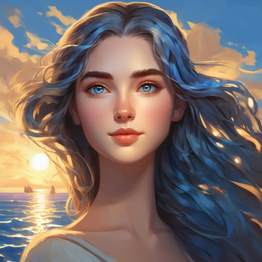Ivory skin, sparkling sea-blue eyes, sunlight woven in her hair inspires Sun-kissed skin, deep-set hazel eyes, hair of dusk's own shadow, they share ambitions, metaphor of shedding hesitation.