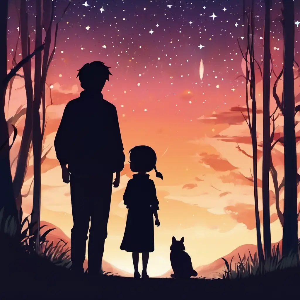 Dawn breaks, mutual understanding, silhouette against fading stars.