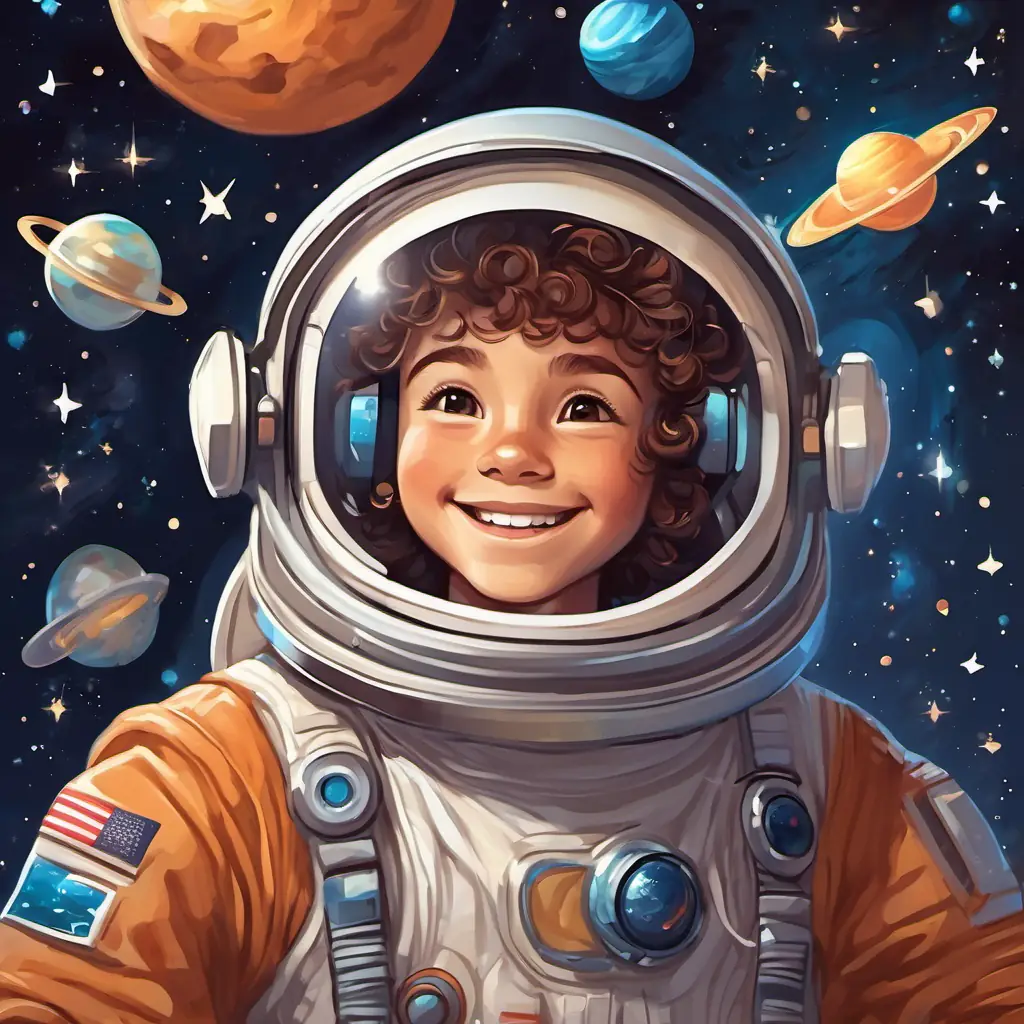 Astronaut with brown curly hair, wearing a spacesuit and a big friendly smile in a spaceship, surrounded by twinkling stars, passing planets in the galaxy.