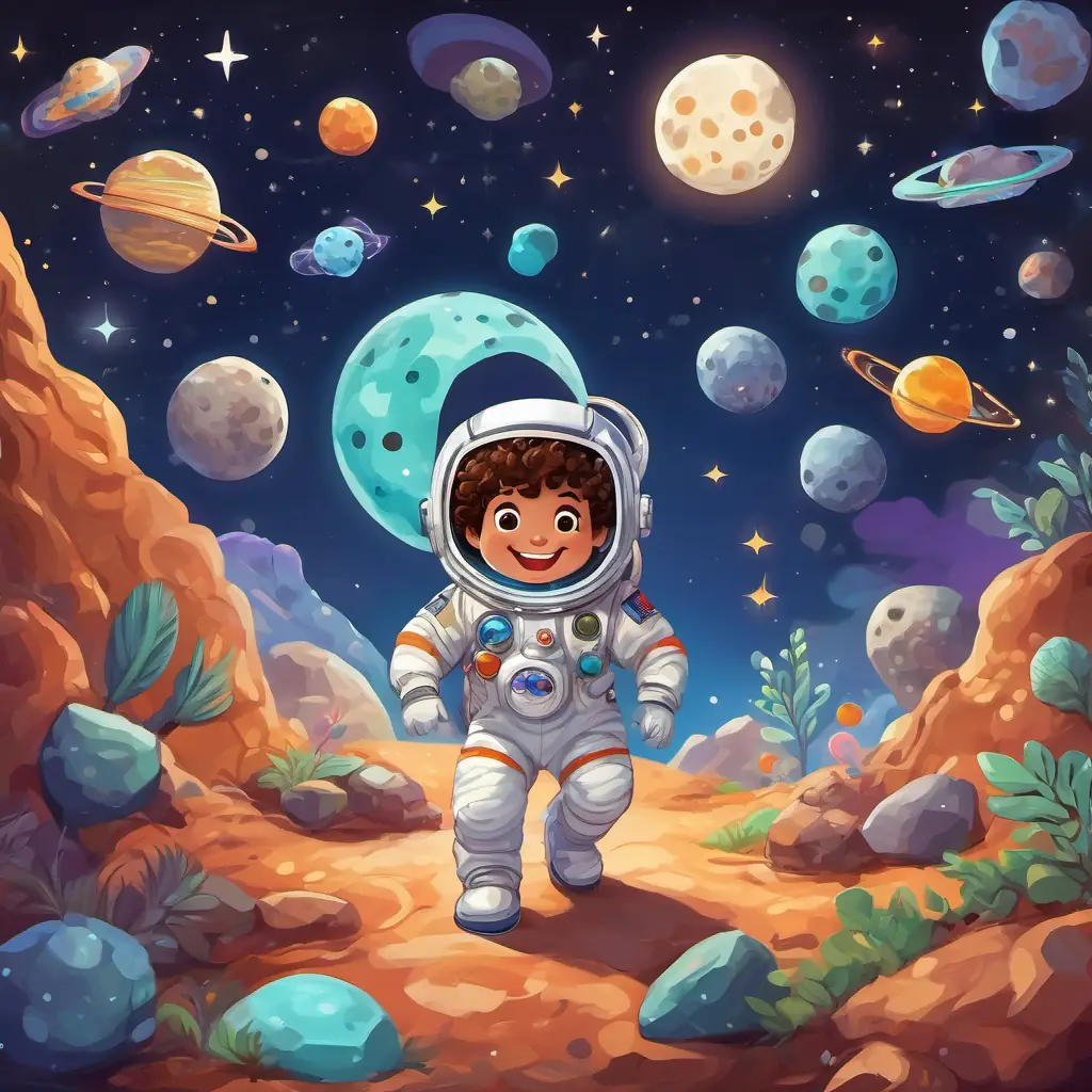 Astronaut with brown curly hair, wearing a spacesuit and a big friendly smile with playful aliens, surrounded by colorful moon rocks and a zigzagging zoo.