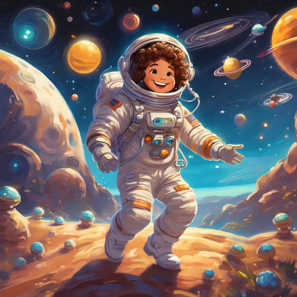 Astronaut with brown curly hair, wearing a spacesuit and a big friendly smile dancing with aliens to buzzing music under a brilliant sun.