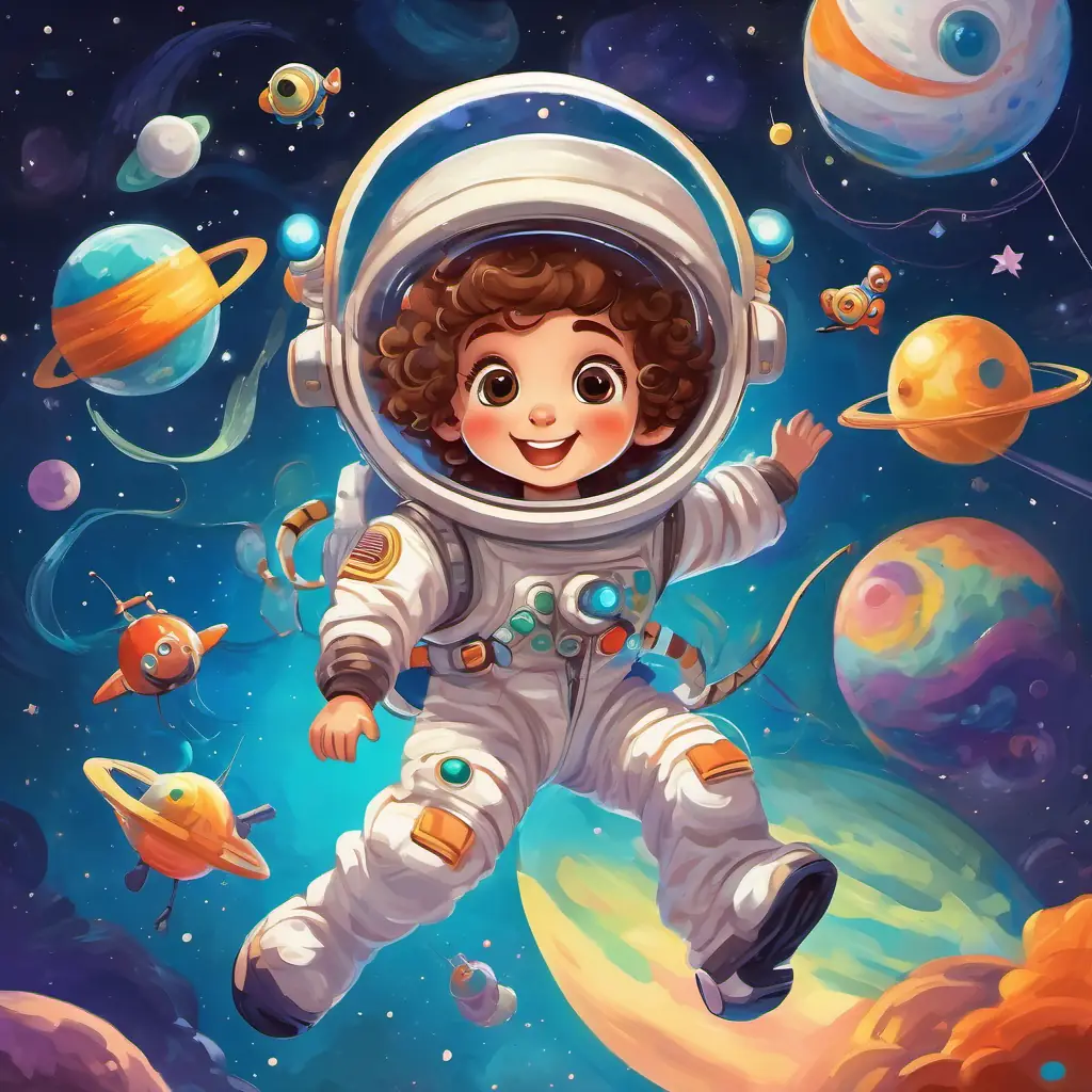 Colorful, playful creatures with big eyes and wiggly antennas and Astronaut with brown curly hair, wearing a spacesuit and a big friendly smile doing acrobatics in mid-air.