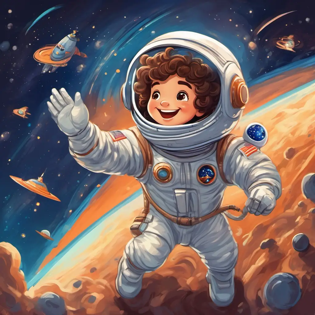 Astronaut with brown curly hair, wearing a spacesuit and a big friendly smile waving goodbye to the aliens with a victorious, valiant spaceship takeoff.