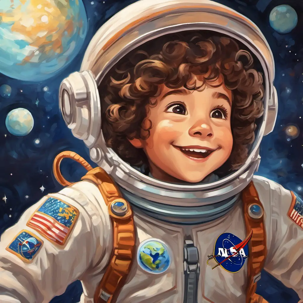 Astronaut with brown curly hair, wearing a spacesuit and a big friendly smile celebrated on Earth as a world-renowned astronaut, children looking up in awe.