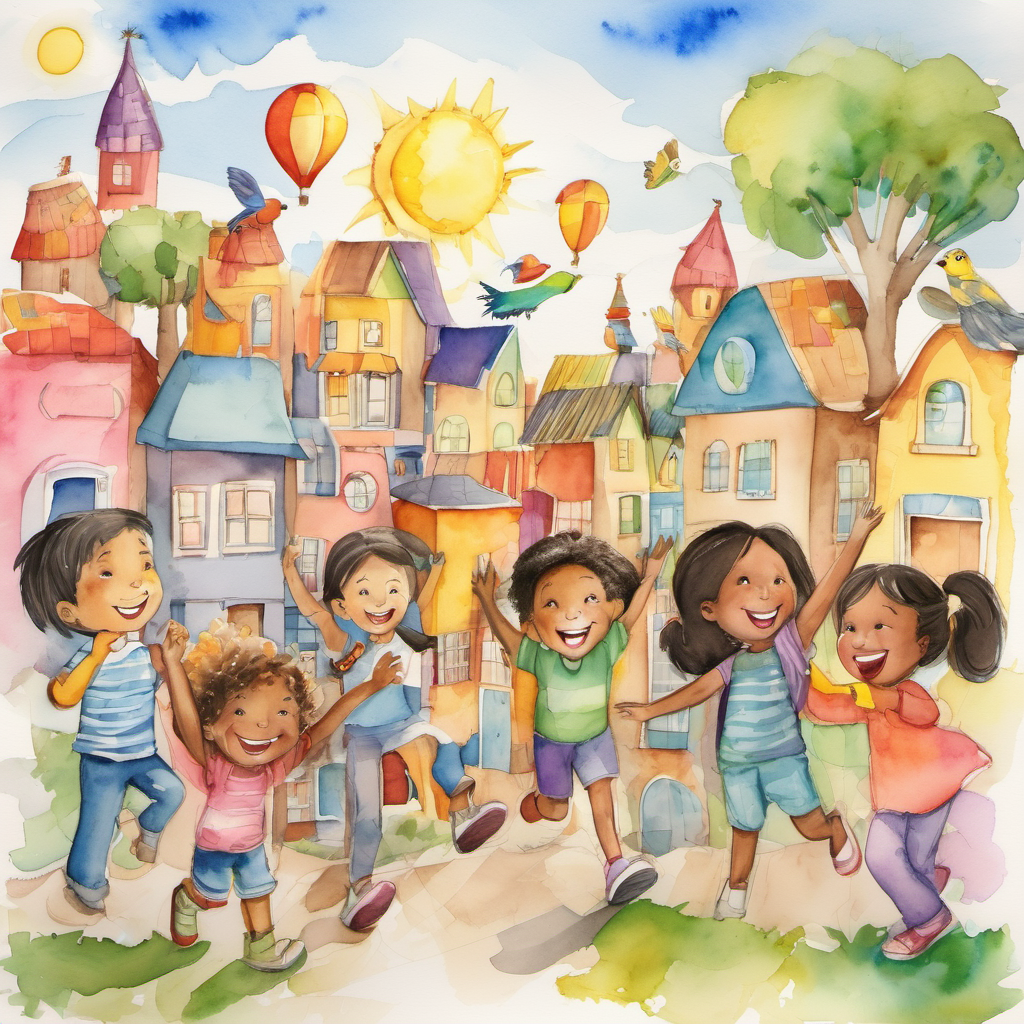 A colorful neighborhood, with happy Happy and excited kids of different ages and sizes, with various hair and skin colors working together on building a fort. The sun is shining and birds are flying in the sky.