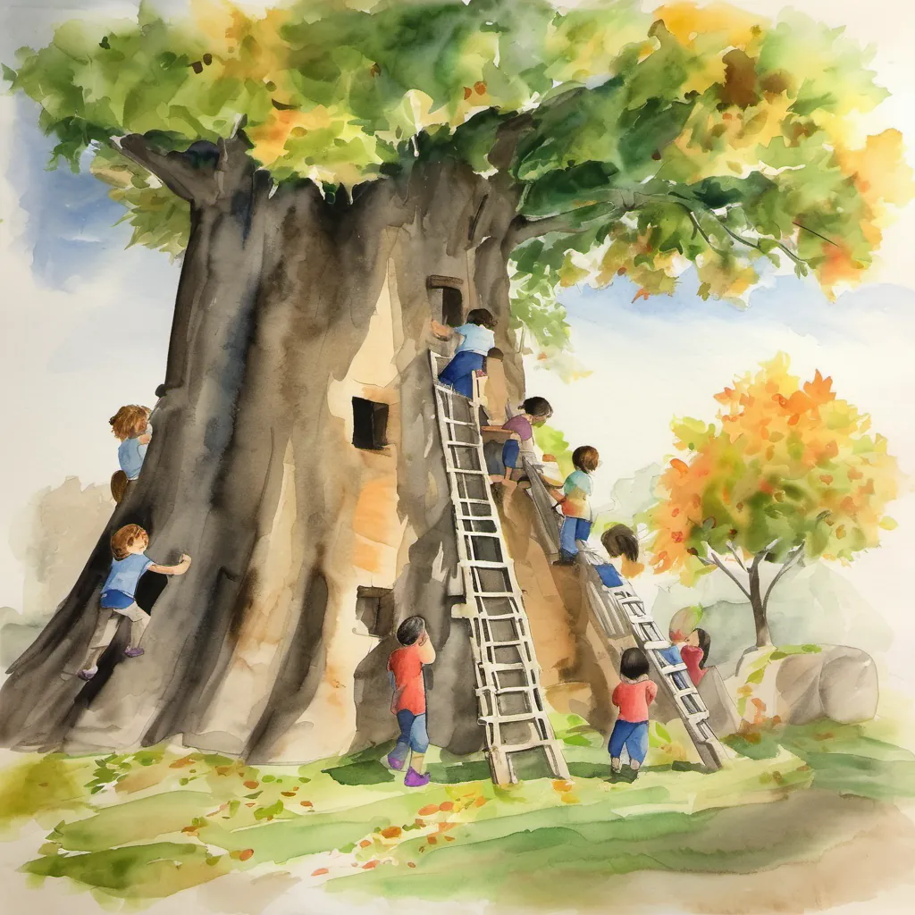 Some of the older kids are climbing trees and picking leaves. They are carefully placing the leaves on the sides of the fort.