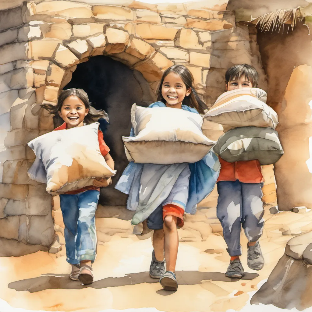 The younger kids are carrying pillows and blankets to the inside of the fort. They have big smiles on their faces, showing they are excited.