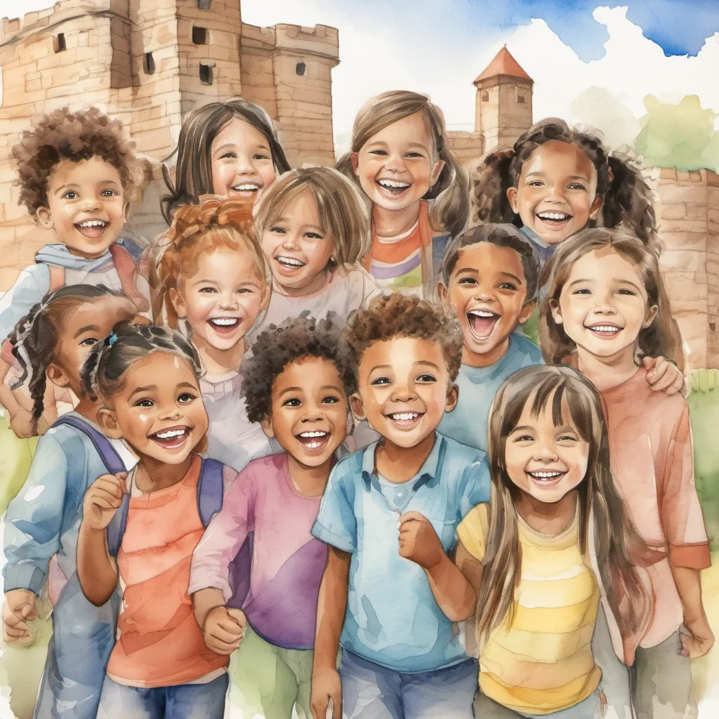 All the Happy and excited kids of different ages and sizes, with various hair and skin colors are standing together, looking at the fort they built. They have big smiles on their faces, showing they are proud of their creation.