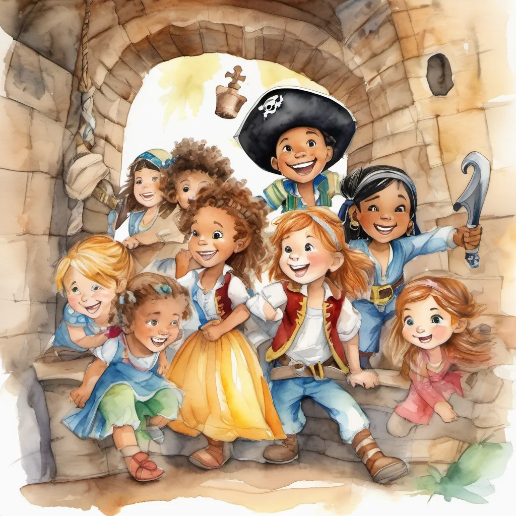 The Happy and excited kids of different ages and sizes, with various hair and skin colors are playing inside the fort, pretending to be pirates and princesses. They have happy expressions, showing they are having a great time.