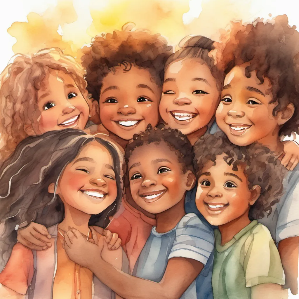 The Happy and excited kids of different ages and sizes, with various hair and skin colors are hugging each other, showing they care about one another. The sun is setting, creating a warm and cozy atmosphere.