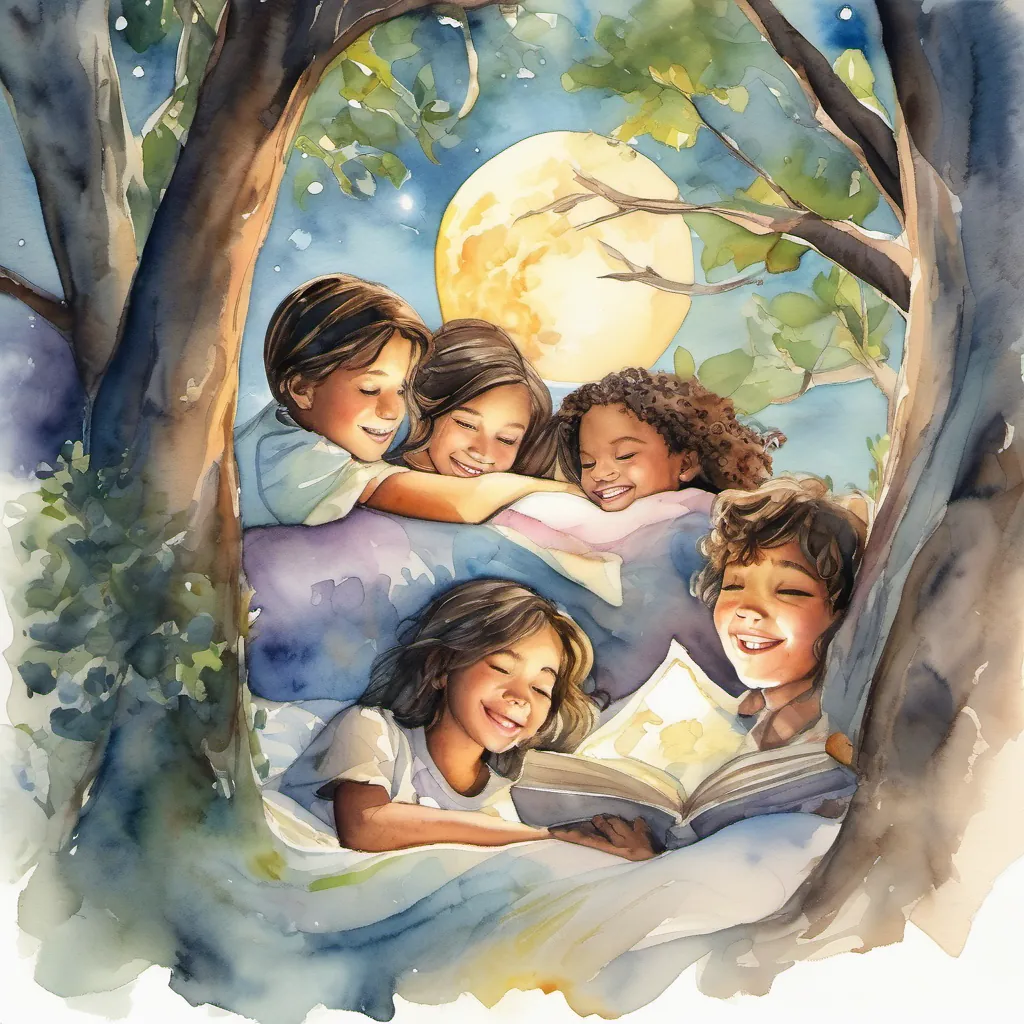 The Happy and excited kids of different ages and sizes, with various hair and skin colors are sleeping peacefully inside the fort, with moonlight shining in through the branches, giving a magical feeling.