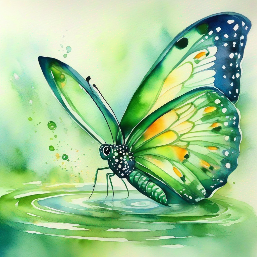 Butterfly with colorful wings cannot help A small tadpole with a glossy, green body and sparkling eyes. find his mother.